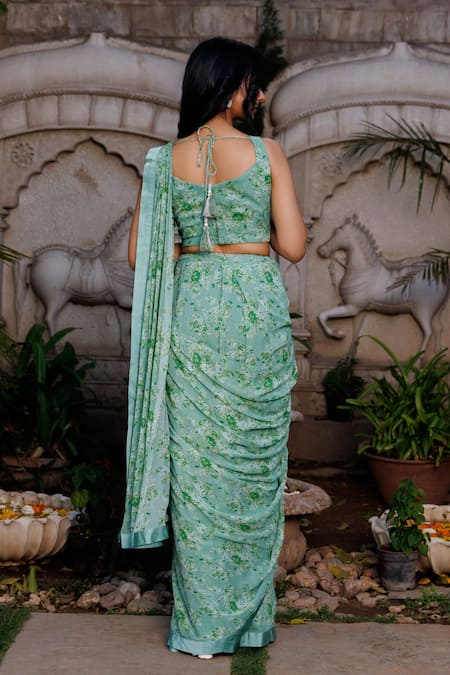 Shop_Suruchi Parakh_Green Georgette, Organza Beads, Floral Print Pre-draped Saree And Blouse Set _at_Aza_Fashions