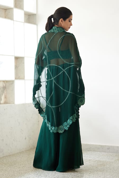 Shop_Mishru_Green Organza Embroidery Sweetheart Neck Leia Cape And Flared Pant Set _at_Aza_Fashions