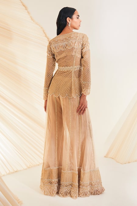 Shop Divya Aggarwal Beige Kurta And Sharara Organza Embellished Crystal V Neck Pearl & Sequin Set at Aza Fashions Shop_Divya Aggarwal_Beige Kurta And Sharara Organza Embellished Crystal V Neck Pearl & Sequin Set _at_Aza_Fashions