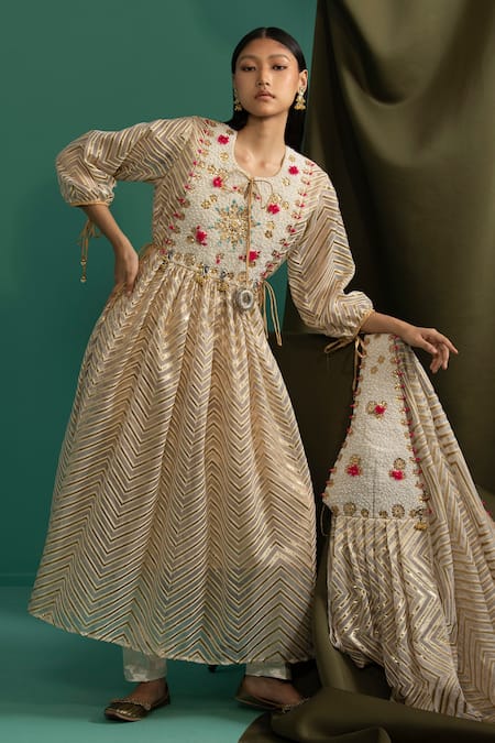 Shop 5elements Gold Silk Embroidery Chevron Round Neck Pattern Anarkali With Pant at Aza Fashions Shop_5elements_Gold Silk Embroidery Chevron Round Neck Pattern Anarkali With Pant _at_Aza_Fashions