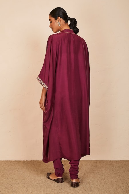 Shop_Sue Mue_Wine Silk, Lycra Zari V-neck Kaya Embroidered Kaftan Set _at_Aza_Fashions