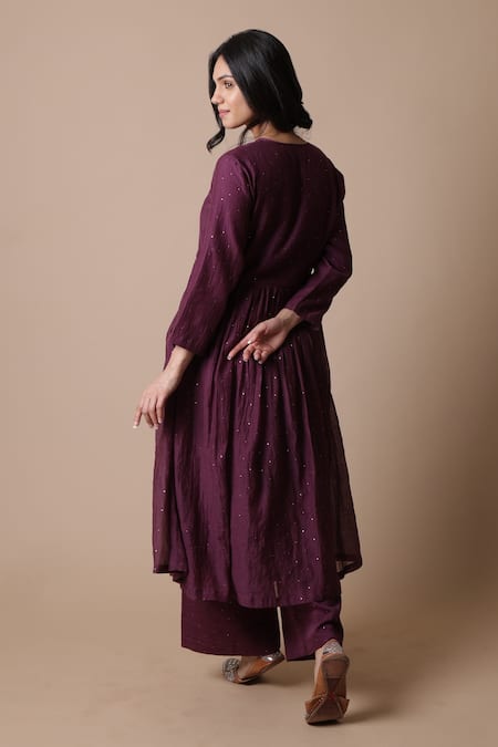 Shop_Rhua_Purple Chanderi, Cotton, Silk Nitya Placement Embroidered Anarkali And Pant Set _at_Aza_Fashions