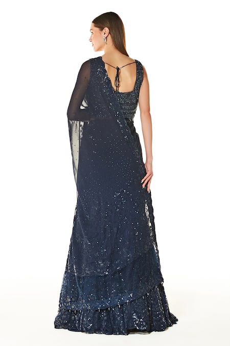 Shop Rabani & Rakha Blue Net, Georgette Sequins, Beads Scoop Adha Embroidered Lehenga Saree Set at Aza Fashions Shop_Rabani & Rakha_Blue Net, Georgette Sequins, Beads Scoop Adha Embroidered Lehenga Saree Set _at_Aza_Fashions