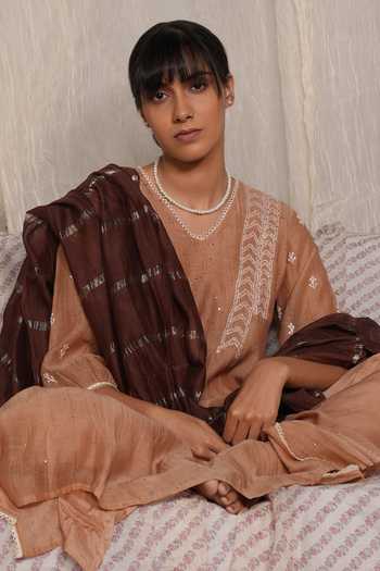 Pants And Pajamas Crayon Beige Chikankari Kurta Pant & Dupatta - Set of 3 