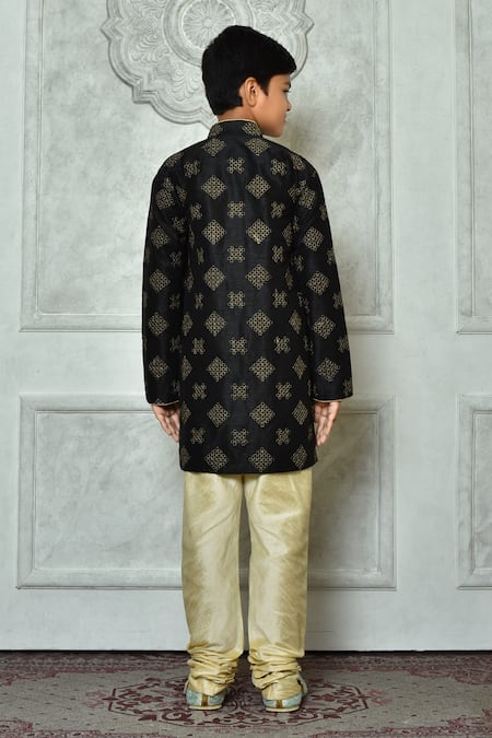 Shop Petite Pomme Black Silk Embroidery Bloom Kurta And Churidar Set at Aza Fashions Shop_Petite Pomme_Black Silk Embroidery Bloom Kurta And Churidar Set _at_Aza_Fashions