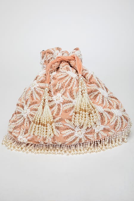 Shop_EENA_Peach Amora Velvet Pearl Embellished Potli Bag _at_Aza_Fashions