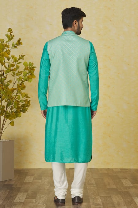 Shop Priyanka Haralalka Green Chanderi Silk, Cotton, Kota Doria Checkered Resham Bundi Kurta Set at Aza Fashions Shop_Priyanka Haralalka_Green Chanderi Silk, Cotton, Kota Doria Checkered Resham Bundi Kurta Set _at_Aza_Fashions