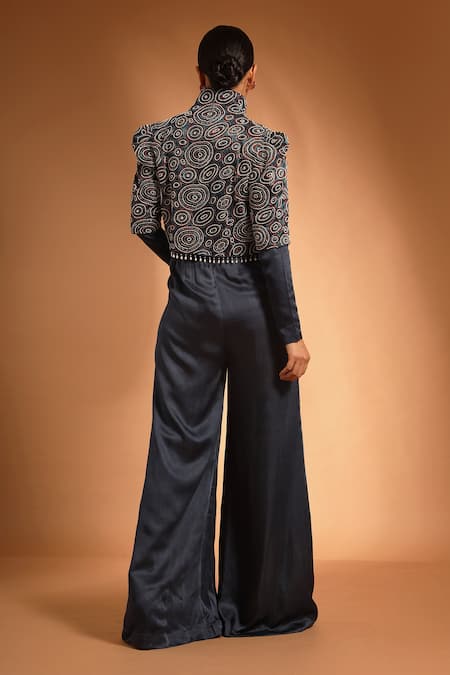 Shop Sejal Kamdar Blue Silk Crystals, Cut Work High Pleated Jumpsuit With Ajrak Embellished Jacket at Aza Fashions Shop_Sejal Kamdar_Blue Silk Crystals, Cut Work High Pleated Jumpsuit With Ajrak Embellished Jacket _at_Aza_Fashions