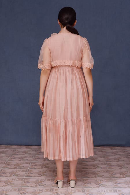 Shop_Chokhi Chorri_Pink Chanderi Silk Cut Work Bandeau Neck Organza Yoke Dress _at_Aza_Fashions
