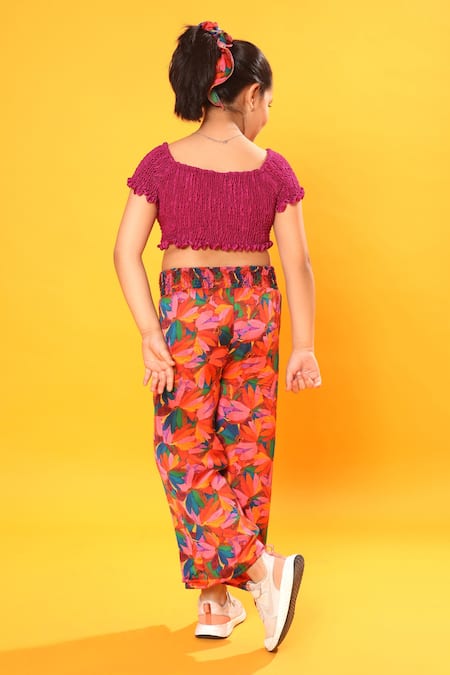 Shop Littlecheer Multi Color Cotton, Modal Crop Top And Floral Print Pant Set at Aza Fashions Shop_Littlecheer_Multi Color Cotton, Modal Crop Top And Floral Print Pant Set _at_Aza_Fashions