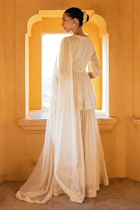 Shop_Preevin_Off White Cotton, Net Embroidery, Lace, Mirrors V-neck Thread And Sharara Set _at_Aza_Fashions