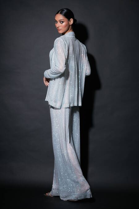 Shop_Itrh_Silver Net Embellished Crystal Notched Collar Leocadia Work Shirt And Pant Set_at_Aza_Fashions