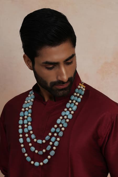 Shop Ruby Raang Blue Colorblock Bead Layered Necklace at Aza Fashions Shop_Ruby Raang_Blue Colorblock Bead Layered Necklace _at_Aza_Fashions