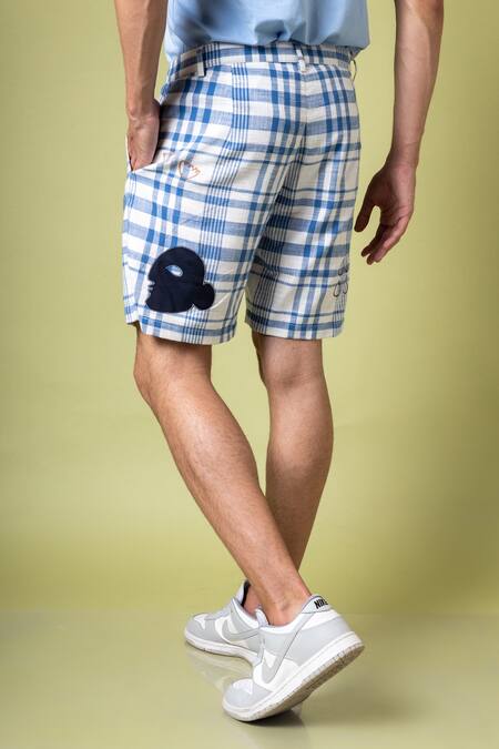 Shop Doodlage Blue Upcycled Cotton Embroidered Checkered Edwin Shorts at Aza Fashions Shop_Doodlage_Blue Upcycled Cotton Embroidered Checkered Edwin Shorts_at_Aza_Fashions