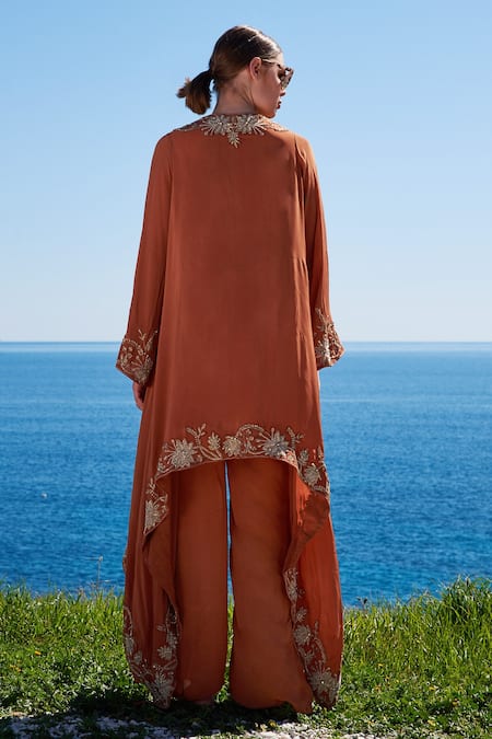 Shop Shruti Sancheti Brown Crepe Embroidered Asymmetrical Cape And Pant Set at Aza Fashions Shop_Shruti Sancheti_Brown Crepe Embroidered Asymmetrical Cape And Pant Set _at_Aza_Fashions