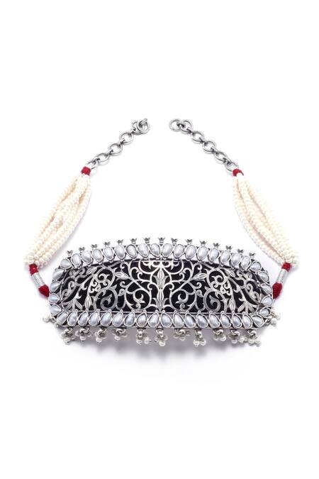 Shop_Sangeeta Boochra_Silver Plated Pearls Sharia Embellished Choker _at_Aza_Fashions