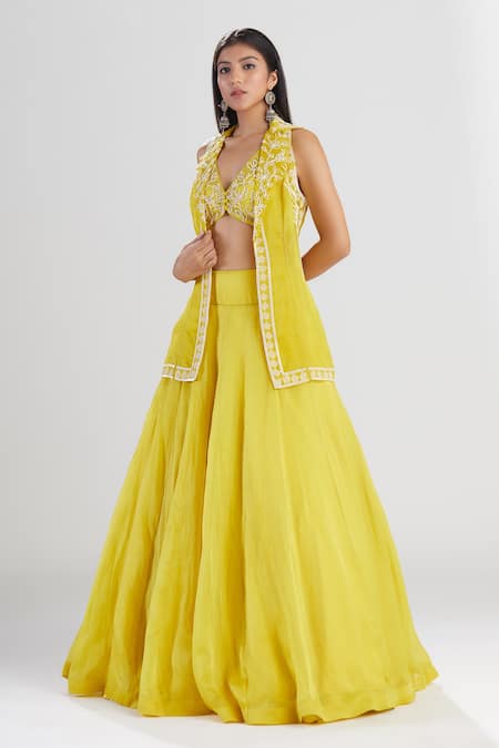 Shop Megha Bansal Yellow Satin Silk Organza Sequin And Bead Work Amalta Embroidered Lehenga Set at Aza Fashions Shop_Megha Bansal_Yellow Satin Silk Organza Sequin And Bead Work Amalta Embroidered Lehenga Set _at_Aza_Fashions
