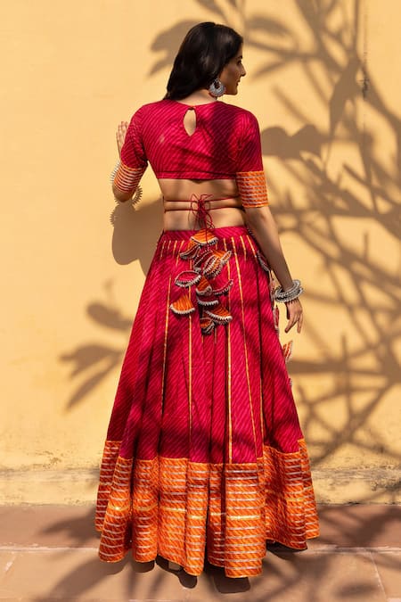 Pomcha Jaipur Veena Leheriya Print Kurta Lehenga Set 
