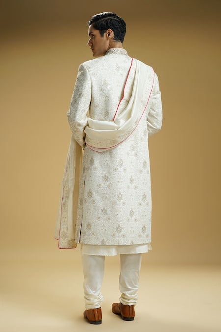 Shop_Kommal Sood_Off White Silk Dupion Embroidered Floral Jaali Sherwani Set With Stole  _at_Aza_Fashions