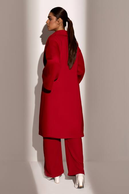 Shop Kritika Madan Label Red Banana Crepe Plain Jacket Shawl Collar Full Sleeve Coat And Pant Set at Aza Fashions Shop_Kritika Madan Label_Red Banana Crepe Plain Jacket Shawl Collar Full Sleeve Coat And Pant Set_at_Aza_Fashions