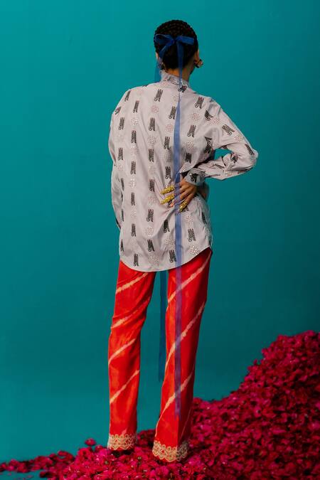 Shop_Latha Puttanna_Purple Karnataka Silk Embroidered Tiger Ruffle Pearl Work Shirt  _at_Aza_Fashions