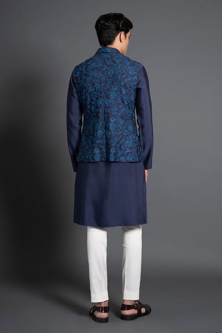 Shop Raghavendra Rathore Jodhpur Blue Silk Embroidery Floral Waistcoat at Aza Fashions Shop_Raghavendra Rathore Jodhpur_Blue Silk Embroidery Floral Waistcoat _at_Aza_Fashions