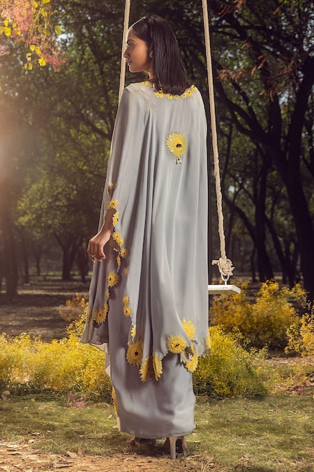 Nitika Gujral Sunflower Embroidered Jacket Drape Skirt Set 