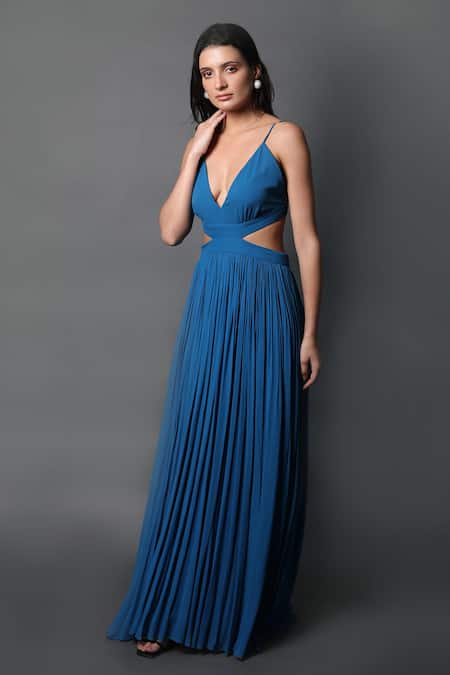 Shop Swatee Singh Blue Georgette Plunge Neck Strappy Sleeve Pleated Gown at Aza Fashions Shop_Swatee Singh_Blue Georgette Plunge Neck Strappy Sleeve Pleated Gown _at_Aza_Fashions