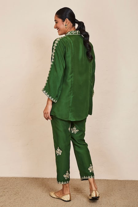 Shop_Sue Mue_Green Silk Zari, Embroidery Collared Tejal Shirt And Pant Set _at_Aza_Fashions