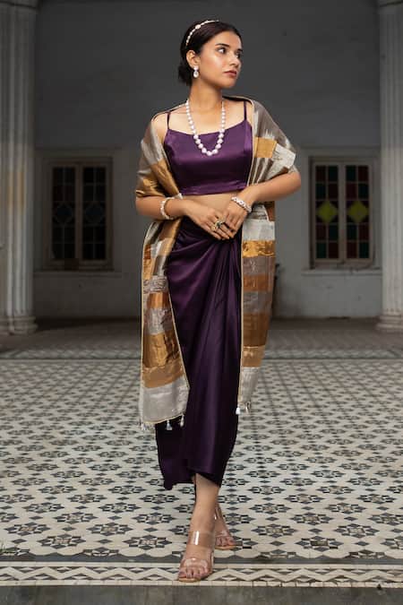 Shop Sheela Suthar Purple Satin Sequins Square Neck Bustier And Draped Skirt Set at Aza Fashions Shop_Sheela Suthar_Purple Satin Sequins Square Neck Bustier And Draped Skirt Set _at_Aza_Fashions