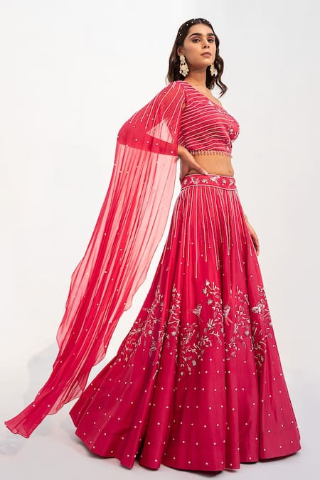 Shop_Nayna Kapoor_Red Georgette, Organza Pearls, Sequins, Cut Work Bird Embroidered Lehenga Set _at_Aza_Fashions