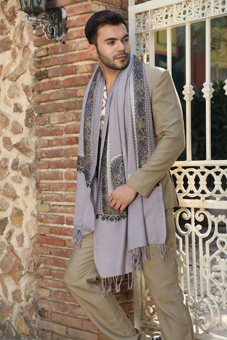 Shop Dusala Grey Embroidered Handwoven Cashmere Fine Wool Aari Work Stole at Aza Fashions Shop_Dusala_Grey Embroidered Handwoven Cashmere Fine Wool Aari Work Stole_at_Aza_Fashions