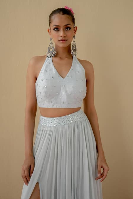 Mint Blush Embroidered Crop Top & Skirt Set 