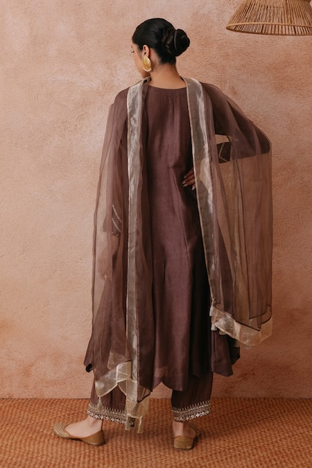 Shop Label Mansi Nagdev Brown Chanderi, Cotton, Silk, Tissue Pearls, Rumaisa Anarkali Palazzo Set at Aza Fashions Shop_Label Mansi Nagdev_Brown Chanderi, Cotton, Silk, Tissue Pearls, Rumaisa Anarkali Palazzo Set _at_Aza_Fashions