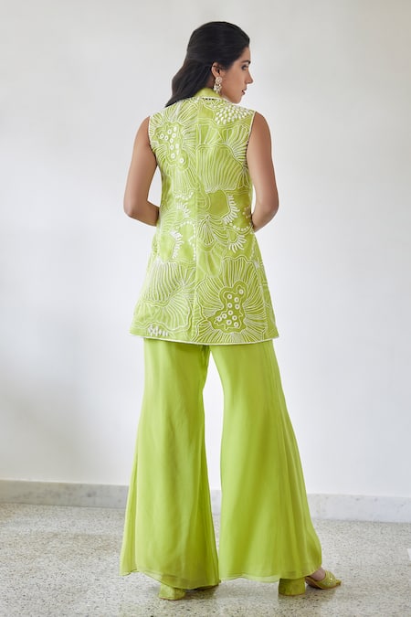 Mishru_Green Organza Beads, Embroidery Collared Laia Sea Coral Blazer And Pant Set _Online_at_Aza_Fashions