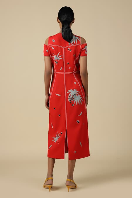Shop Shahin Mannan Red Crepe Embroidery Round Neck Leaf And Fruit Cold Shoulder Dress at Aza Fashions Shop_Shahin Mannan_Red Crepe Embroidery Round Neck Leaf And Fruit Cold Shoulder Dress _at_Aza_Fashions