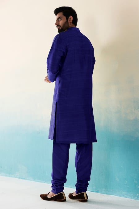 Shop Weaver Story Blue Silk Raw Plain Kurta Churidar Set at Aza Fashions Shop_Weaver Story_Blue Silk Raw Plain Kurta Churidar Set _at_Aza_Fashions