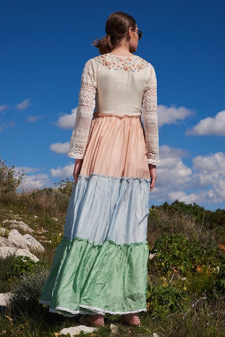 Shop Shruti Sancheti Multi Color Lace, Cotton Sequins, Embroidery V-neck Blocked And Tiered Maxi Dress at Aza Fashions Shop_Shruti Sancheti_Multi Color Lace, Cotton Sequins, Embroidery V-neck Blocked And Tiered Maxi Dress _at_Aza_Fashions