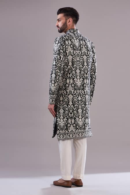 Shop_Kasbah_Black Velvet, Cotton Embroidery Thread Sherwani _at_Aza_Fashions
