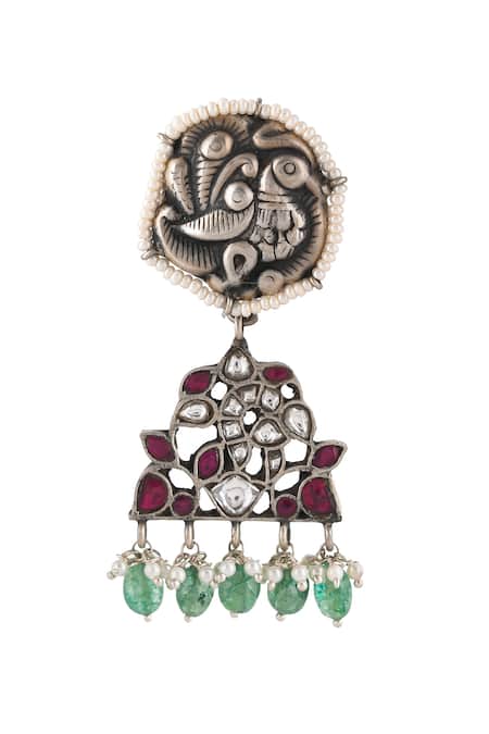 Ajooni Jewels Carved Peacock Studded Earrings 