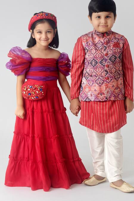 Ranikidswear_Red Organza Plain Puffed Sleeve Dress_Online_at_Aza_Fashions