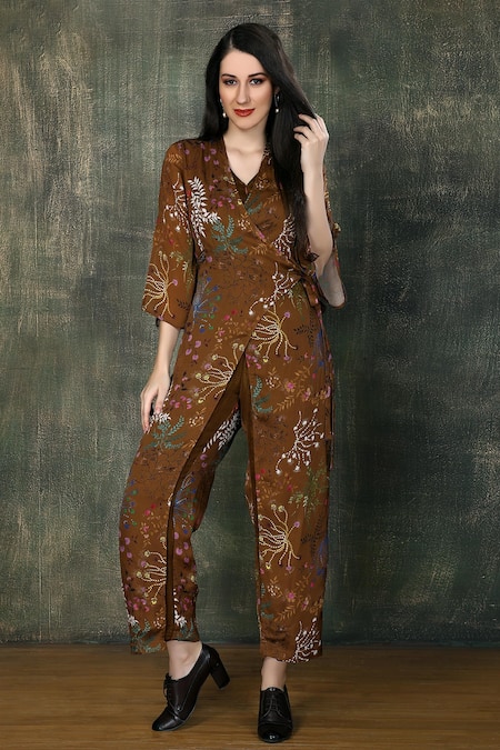 Shop Whimsical By Shica Brown Organza, Satin Embroidery V-neck Ditsy Print Jumpsuit at Aza Fashions Shop_Whimsical By Shica_Brown Organza, Satin Embroidery V-neck Ditsy Print Jumpsuit _at_Aza_Fashions