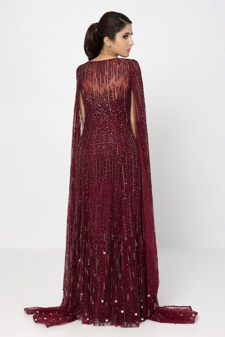 Shop_Sartoriale_Wine Net (100% Viscose) Embroidered Linear Round Cape Sleeve Gown  _at_Aza_Fashions
