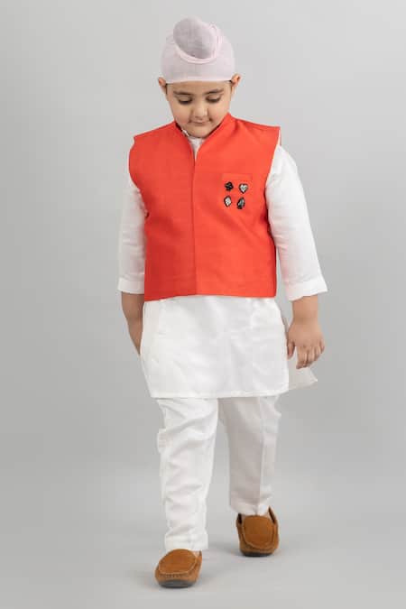 Shop Darleen Kids Couture Red Chanderi, Tussar Embroidery Hand Bundi Kurta Set at Aza Fashions Shop_Darleen Kids Couture_Red Chanderi, Tussar Embroidery Hand Bundi Kurta Set _at_Aza_Fashions