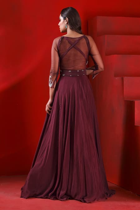 Shop ISHA GUPTA TAYAL Wine Crepe, Georgette Embroidery V-neck Yoke Flared Gown With Dupatta at Aza Fashions Shop_ISHA GUPTA TAYAL_Wine Crepe, Georgette Embroidery V-neck Yoke Flared Gown With Dupatta _at_Aza_Fashions