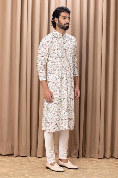 Shop_Ankit V Kapoor_Ivory Cotton, Silk Amaani Floral And Animal Print Kurta Set _at_Aza_Fashions