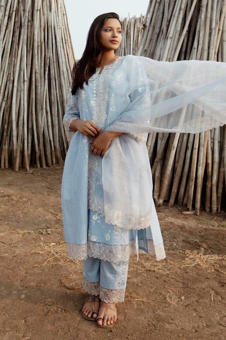 Shop Label Earthen Blue Cotton Foil Printing, Embroidery, Lace Round Neck Kurta Pant Set at Aza Fashions Shop_Label Earthen_Blue Cotton Foil Printing, Embroidery, Lace Round Neck Kurta Pant Set _at_Aza_Fashions