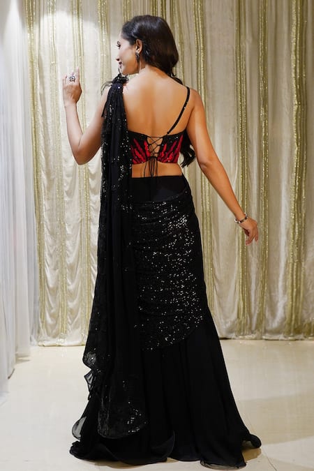 Shop Archana Kochhar Black Georgette Sequins, Embroidery, Cosmic Pre-stitched Skirt Saree With Blouse at Aza Fashions Shop_Archana Kochhar_Black Georgette Sequins, Embroidery, Cosmic Pre-stitched Skirt Saree With Blouse _at_Aza_Fashions