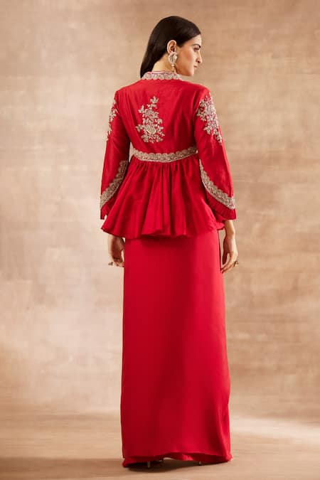 Shop Jayanti Reddy Red Silk Zardozi V Neck Embroidered Peplum Top And Draped Skirt Set at Aza Fashions Shop_Jayanti Reddy_Red Silk Zardozi V Neck Embroidered Peplum Top And Draped Skirt Set _at_Aza_Fashions