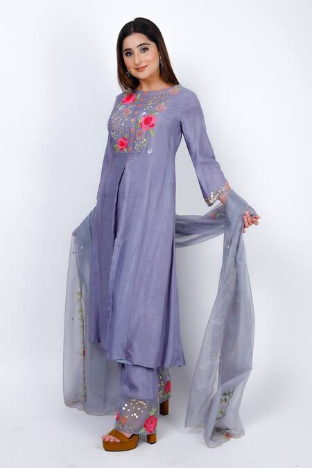 Shop_Geetika Jain_Grey Silk, Organza Sequins, Cut Work, Embellished Flared Kurta Palazzo Set_at_Aza_Fashions